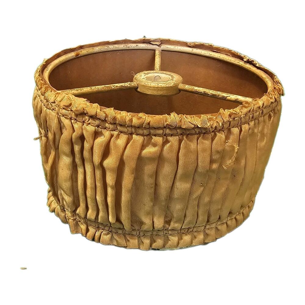 VTG MCM Ruched Gathered Drum Lamp Shade Amber Gold Fabric Smocked Spider Fitter
